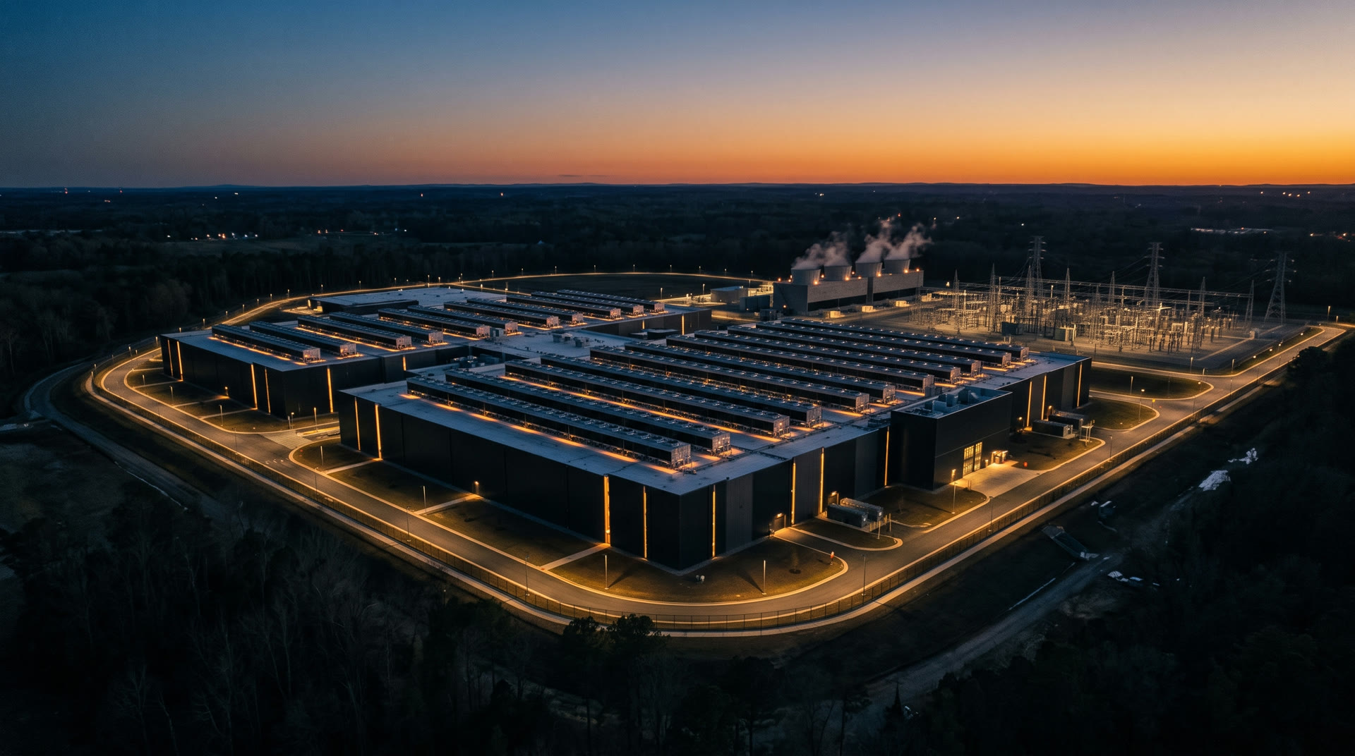 Hyperscale AI data center campus at dusk