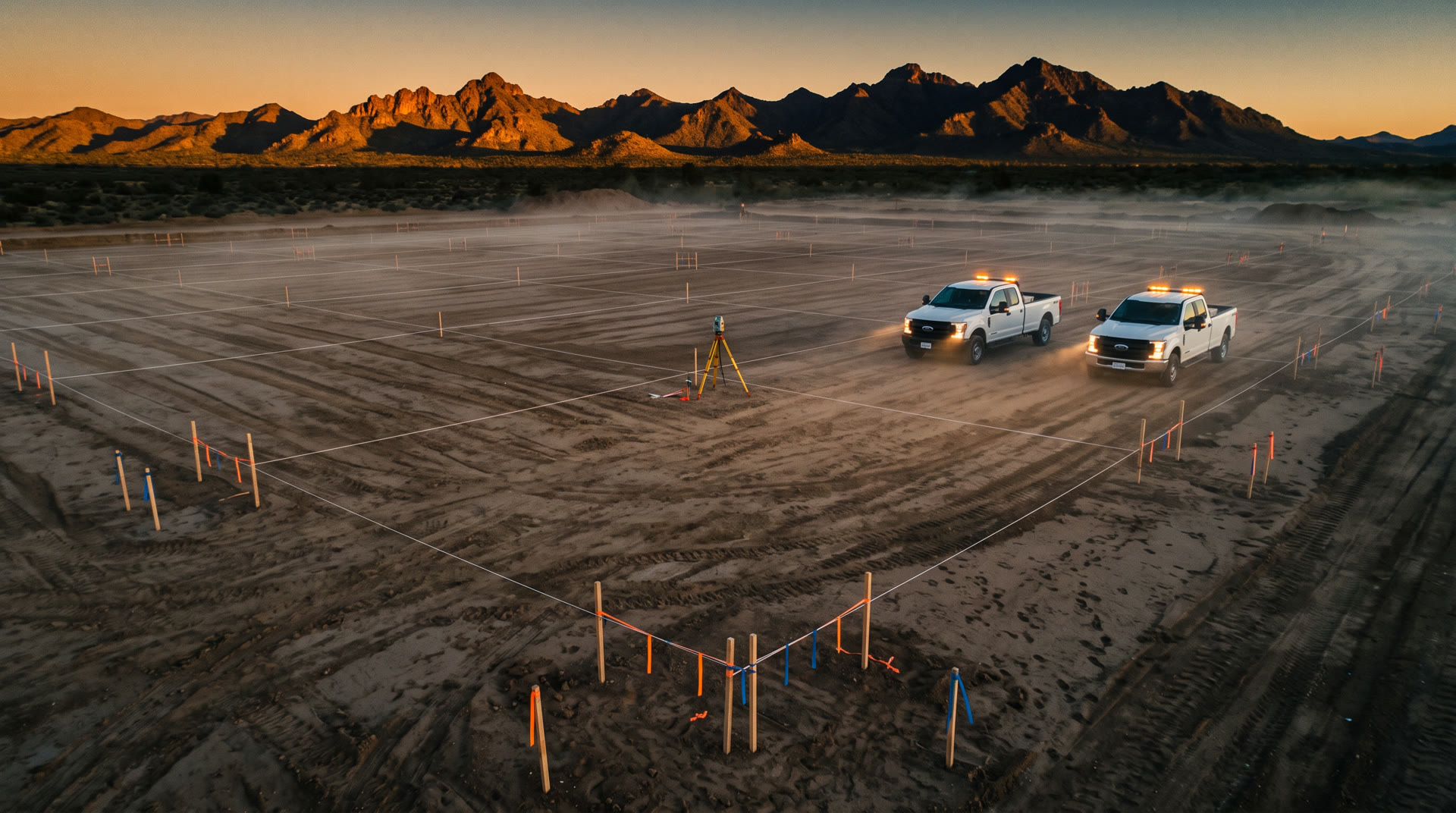 A commercial building pad at dawn in the Arizona desert