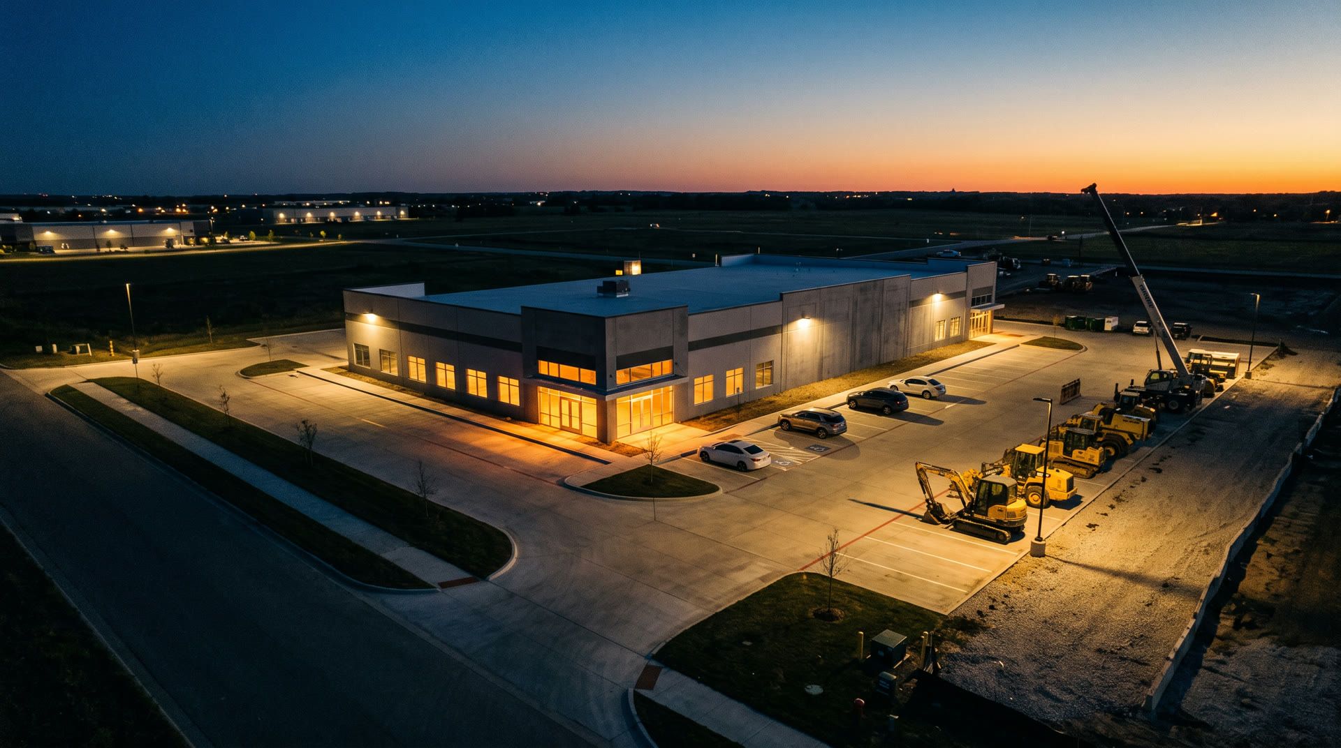 Completed commercial shell at dusk