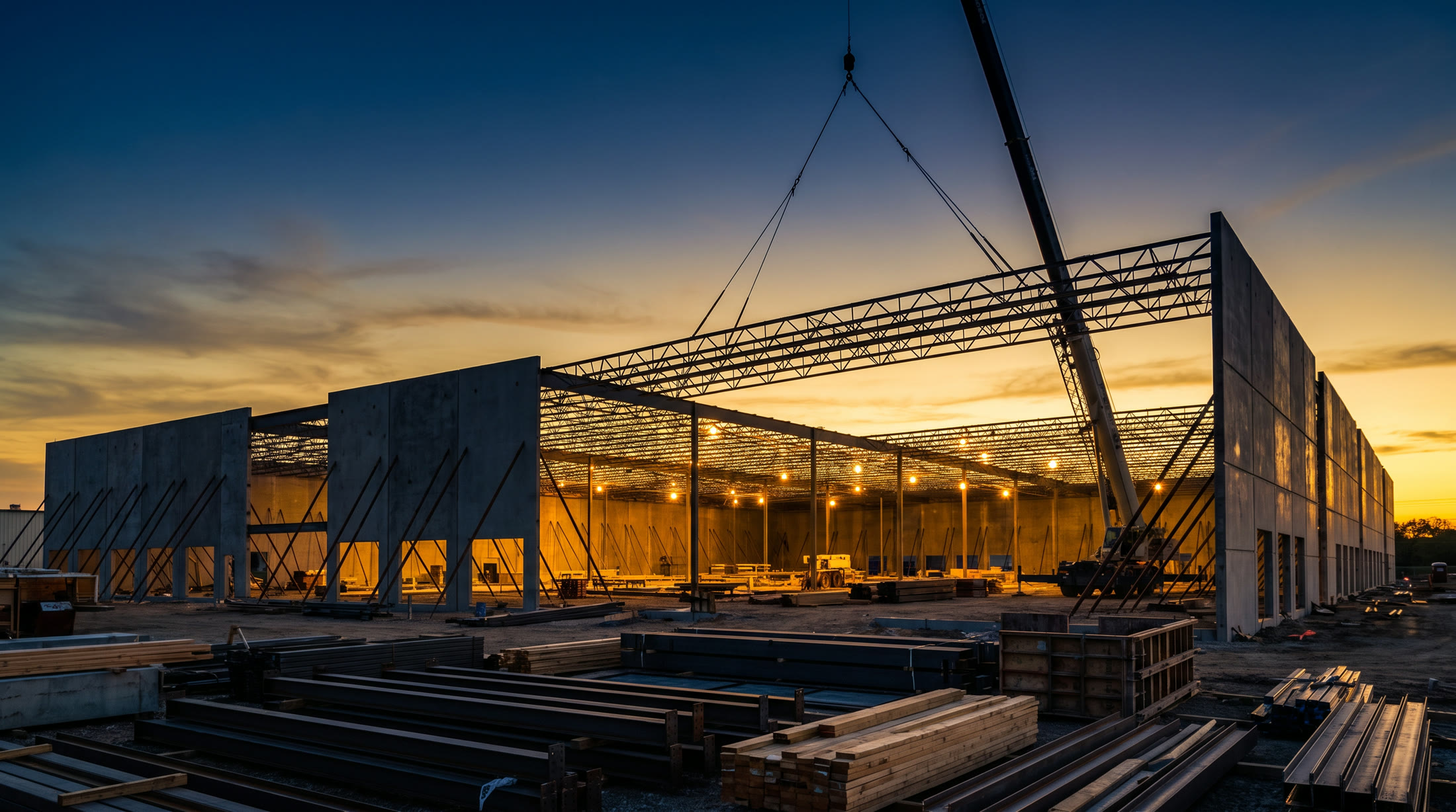 Commercial building under construction at dusk