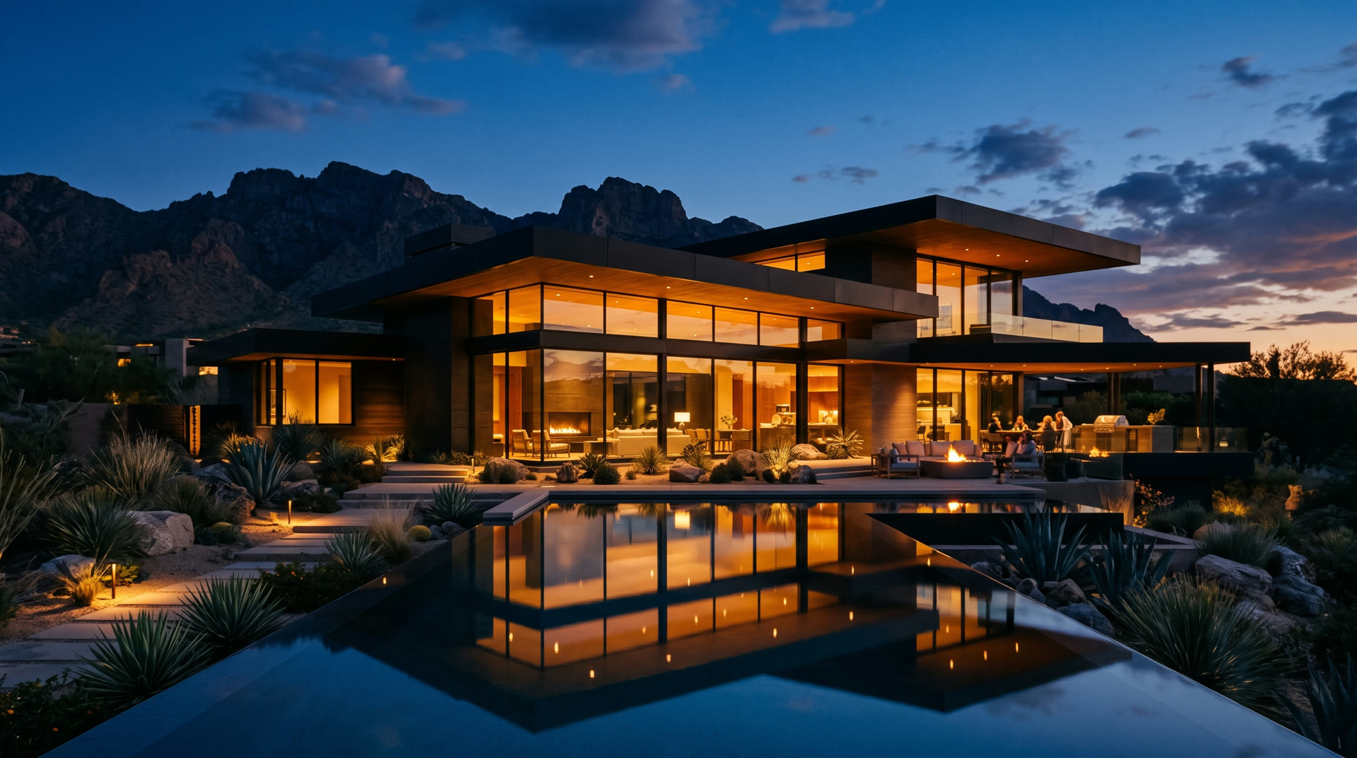 High-end luxury modern home at dusk